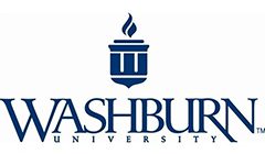A blue and white logo of washburn university.