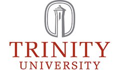 A red and white logo for trinity university.