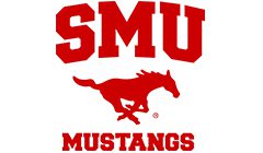A red smu mustangs logo on top of a white background.