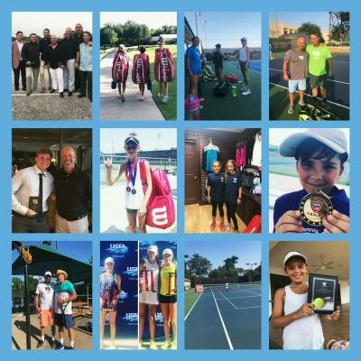 A collage of people with tennis rackets.