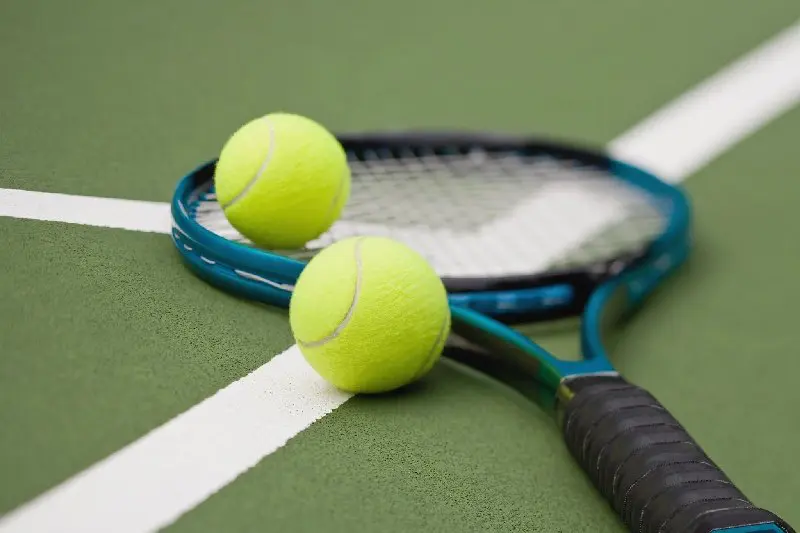 Two tennis balls and a racket on the court